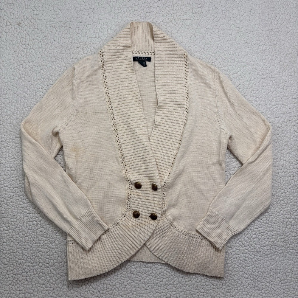 Lauren Ralph Lauren Knit Cardigan Shawl Collar Double Crest Buttons Sweater Sz M